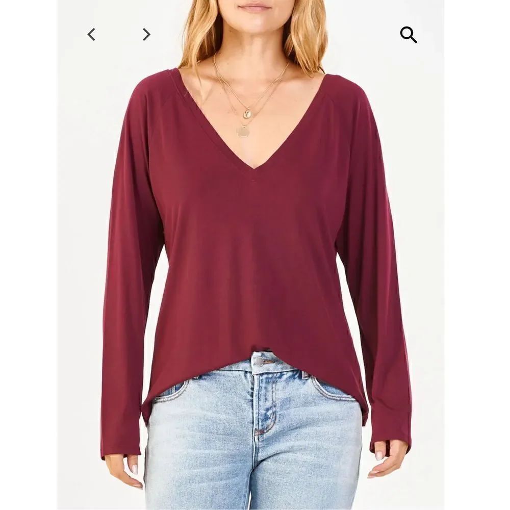 NWT Another Love Liv Double V-Neck Top Sz XS Tawny Port Maroon Burgundy Long Slv